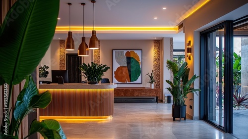 Wallpaper Mural Modern hotel lobby with wooden reception desk, stylish lighting, and tropical plants creating a warm atmosphere. Torontodigital.ca