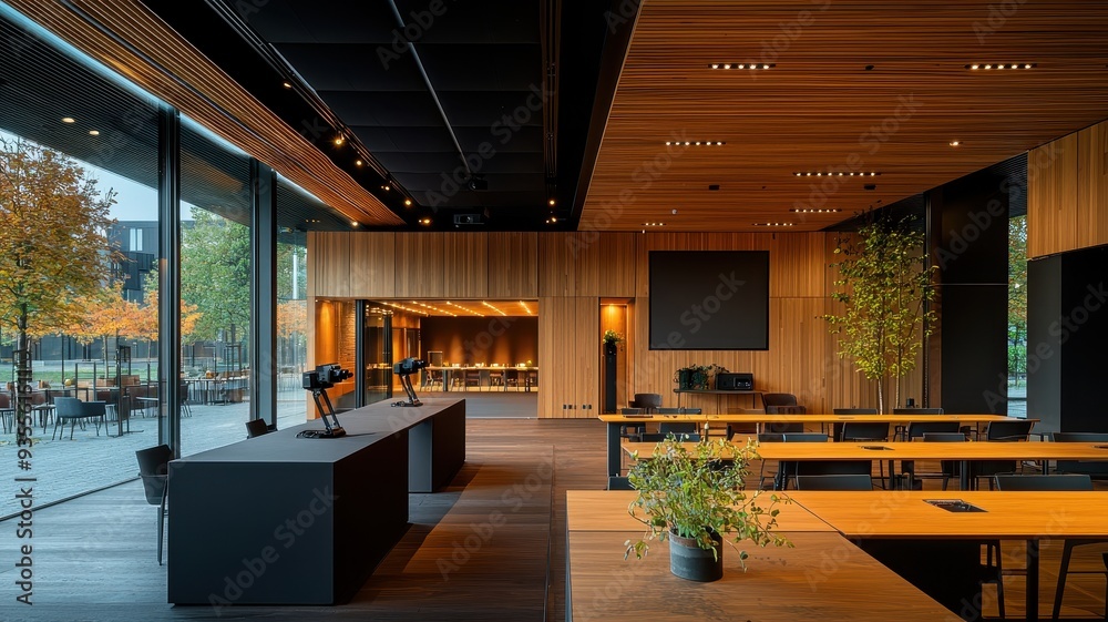 Modern interior of a stylish office space featuring wooden decor and large windows with natural light. Modern interior of a stylish office space featuring wooden decor and large windows with natural light.