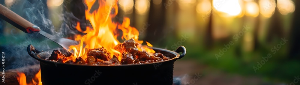 A pot of stew cooking over an open fire in a campsite, with flames licking the bottom of the pot. A pot of stew cooking over an open fire in a campsite, with flames licking the bottom of the pot.