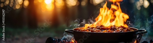 A pot of stew cooking over an open fire in a campsite, with flames licking the bottom of the pot.