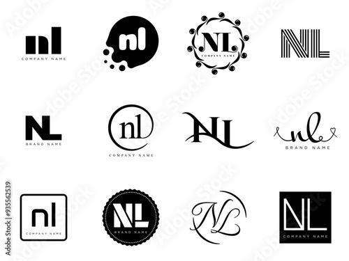 NL logo company template. Letter n and l logotype. Set different classic serif lettering and modern bold text with design elements. Initial font typography.