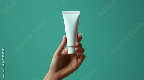 Over a pastel green background woman hand model holding a white tube without label Beauty product mockup Natural skincare products concept : Generative AI photo