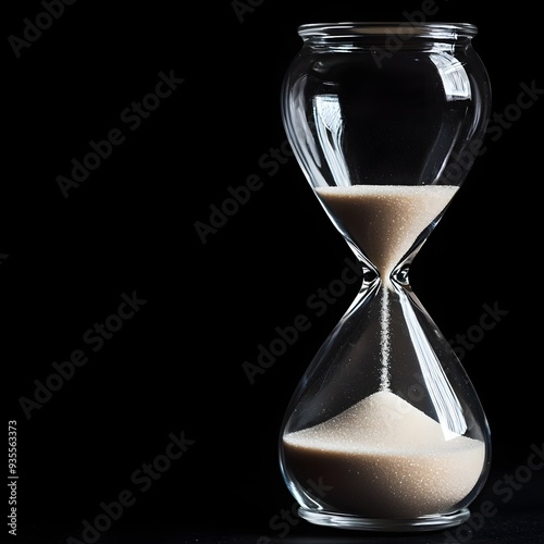 Close-up of a classic hourglass with fine sand gracefully flowing through the narrow center, symbolizing the passage of time photo