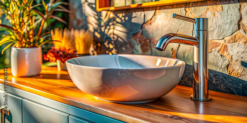 Close-Up of a modern white sink and silver faucet, epitome of minimalistic bathroom design for contemporary home interiors, blogs and social media content photo