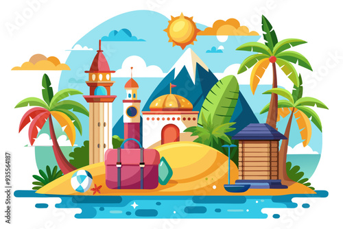 Tropical Island Vacation Destination with Palm Trees, Buildings, and a Suitcase