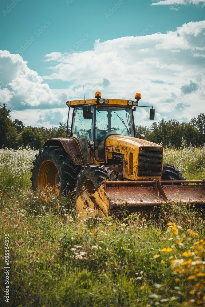 Obraz premium A tractor grass cutter in field for agricultural machinery