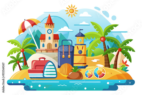 Tropical Island Vacation Destination with Castle, Palm Trees, and Luggage