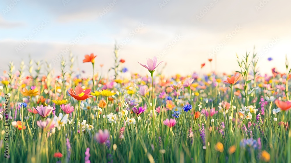 19. Detailed 3D representation of a vibrant spring meadow with colorful wildflowers, isolated on a smooth background 19. Detailed 3D representation of a vibrant spring meadow with colorful wildflowers, isolated on a smooth background