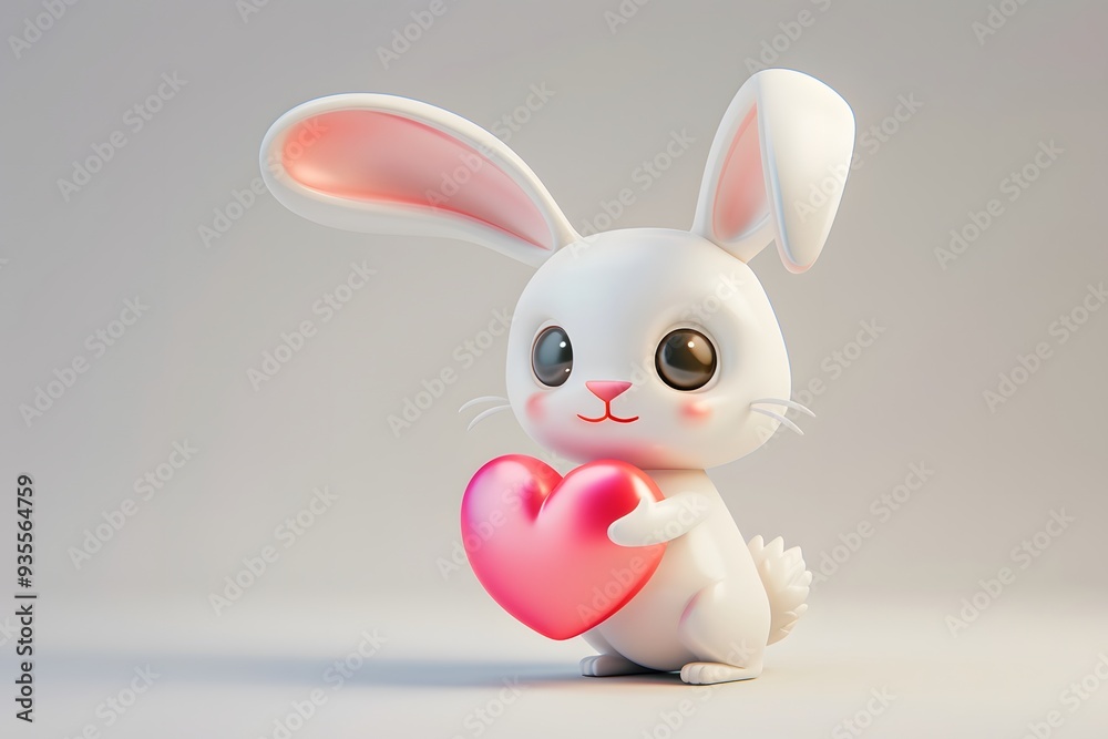 Cute pink Easter bunny toy holding colorful eggs, perfect for holiday decoration Cute pink Easter bunny toy holding colorful eggs, perfect for holiday decoration