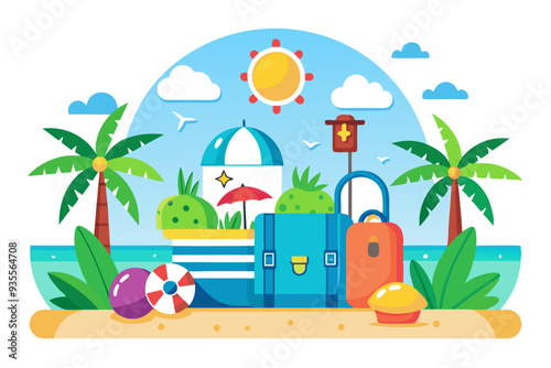 Tropical Beach Vacation Scene with Luggage and Palm Trees