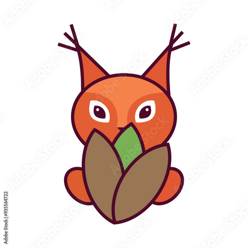 Cute squirrel holds pistachio nut in paws cartoon mascot character vector flat illustration on white background. Animal character logo symbol for online nut shops.