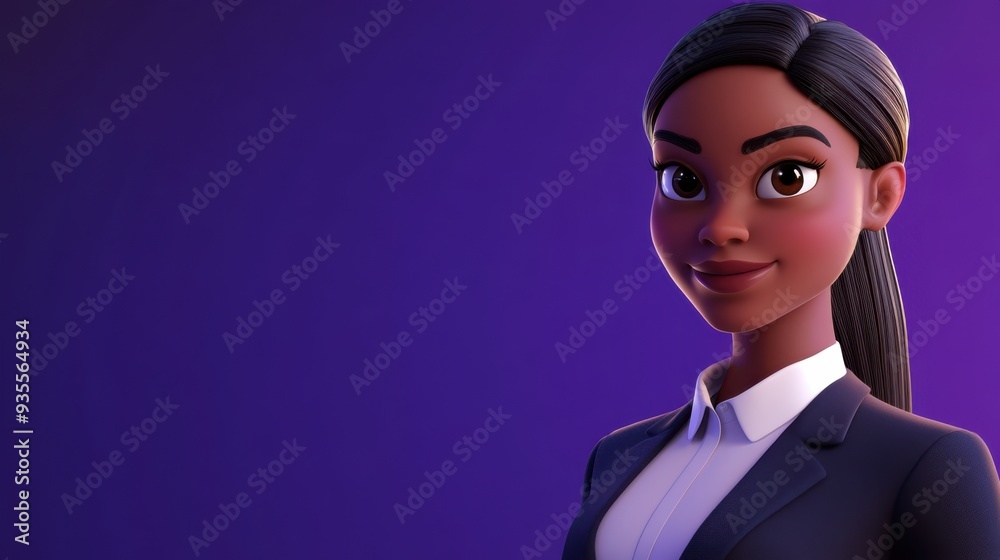 3D character close up portrait of a confident African-American female manager in formal business wear, with a royal purple gradient background, copy space, cartoon style, in the style of 3D design 3D character close up portrait of a confident African-American female manager in formal business wear, with a royal purple gradient background, copy space, cartoon style, in the style of 3D design