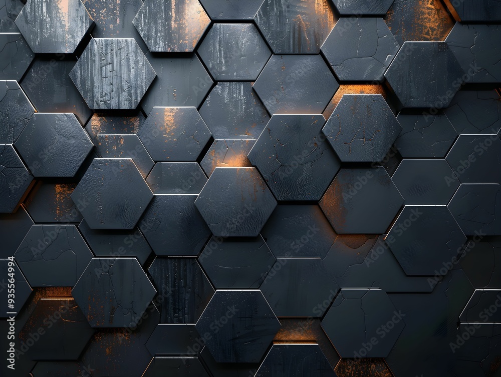 Hexagonal black tiles create a modern textured wall design illuminated by subtle orange accents in a stylish contemporary space Hexagonal black tiles create a modern textured wall design illuminated by subtle orange accents in a stylish contemporary space