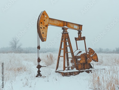 Oil pump amidst a snow covered landscape  a captivating winter photography scene photo