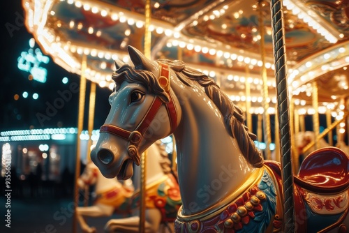 Vibrant carousel featuring majestic horses and dazzling lights in an urban setting photo