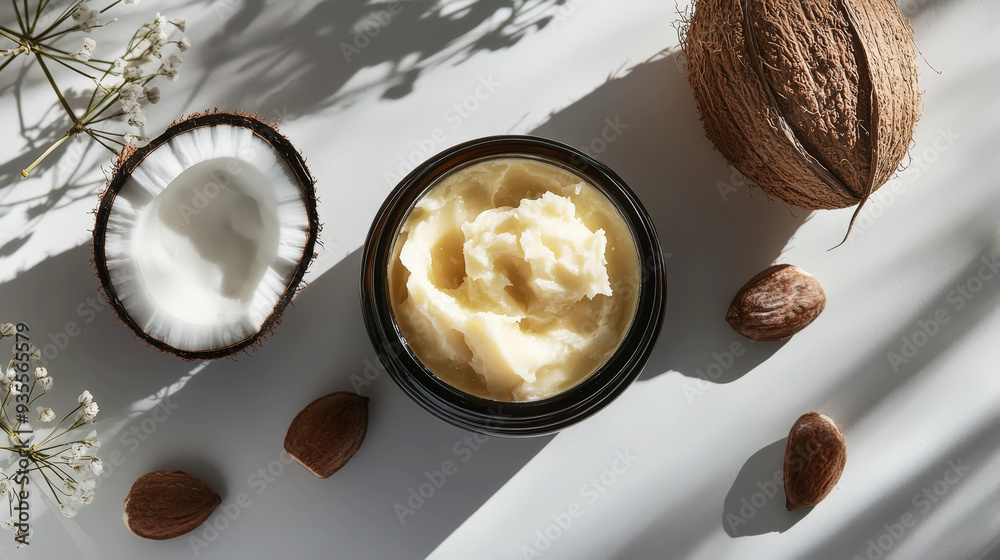 Shea butter and coconut on aesthetic background, top view, organic cosmetic ingredients. Skincare concept. Generative AI