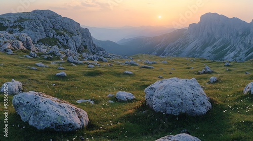 Panorama of green meadow with rocks and rocky mountains in romanian mountains in muntii ciucas with setting sun : Generative AI photo