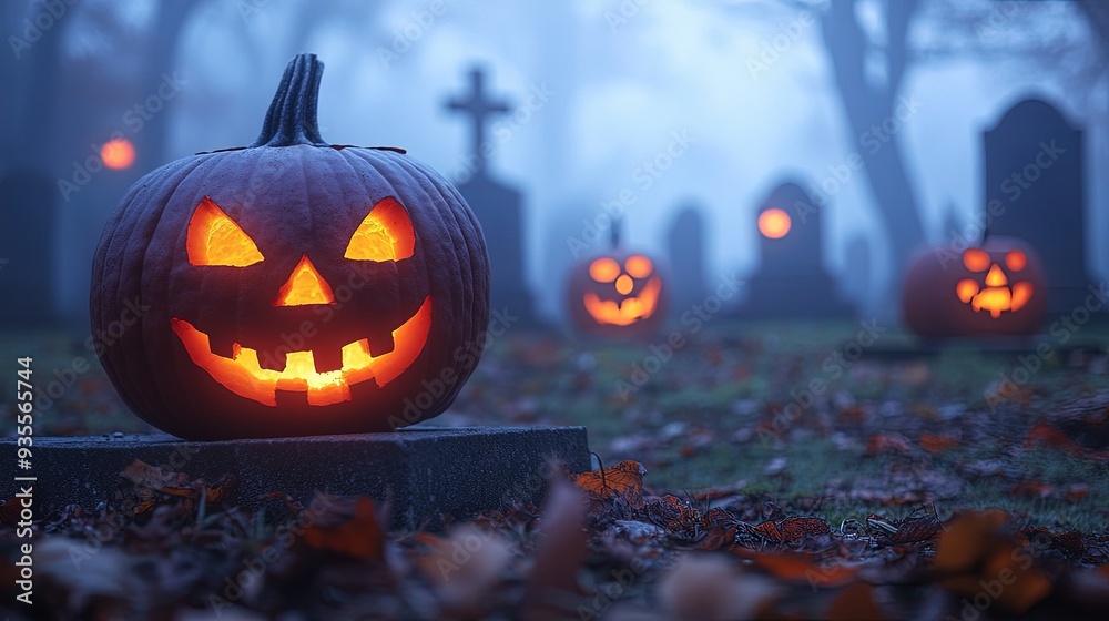 A foggy cemetery with eerie shadows and glowing jackolanterns, perfect for a spooky Halloween night selective focus, eerie, ethereal, Composite, cemetery backdrop A foggy cemetery with eerie shadows and glowing jackolanterns, perfect for a spooky Halloween night selective focus, eerie, ethereal, Composite, cemetery backdrop
