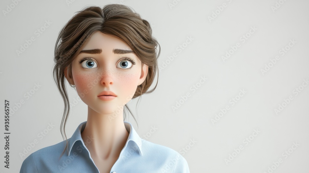3D character close up portrait of a curious European woman in a pastel blue blouse, with raised eyebrows and a thoughtful expression, on a white backdrop, cartoon style, in the style of 3D design 3D character close up portrait of a curious European woman in a pastel blue blouse, with raised eyebrows and a thoughtful expression, on a white backdrop, cartoon style, in the style of 3D design
