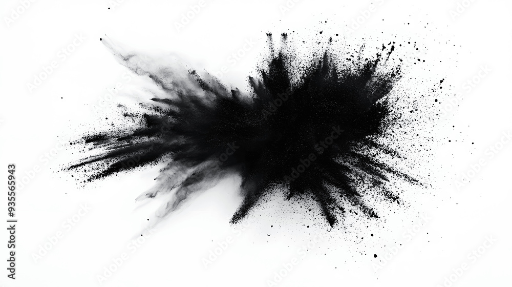 Powerful splash of black charcoal powder with particles dispersing on white background Powerful splash of black charcoal powder with particles dispersing on white background