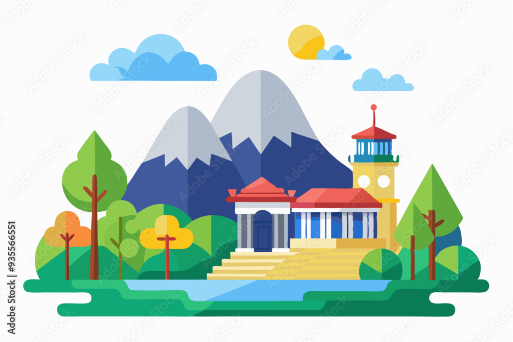 Fototapeta premium Flat Design Illustration of a Building with a Mountainous Landscape