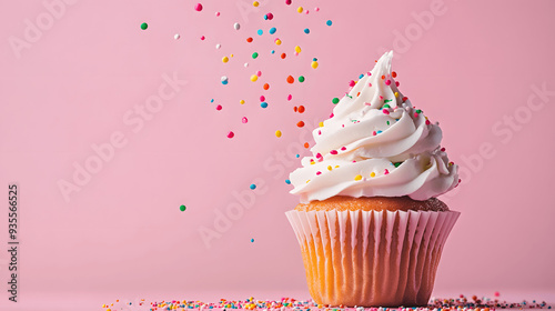 Swirl of whipped cream piped on cupcake with sprinkles on playful pink background
