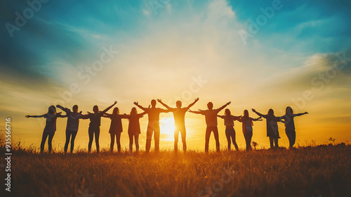 Unified group forming human chain with outstretched arms showing solidarity