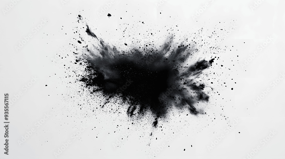 Isolated explosion of black charcoal dust on white surface Isolated explosion of black charcoal dust on white surface