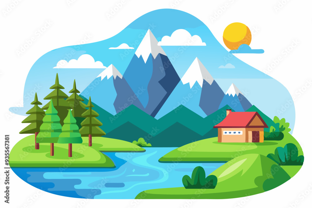 Obraz premium Mountain Cabin by a Winding River with Snowy Peaks and a Sunny Sky