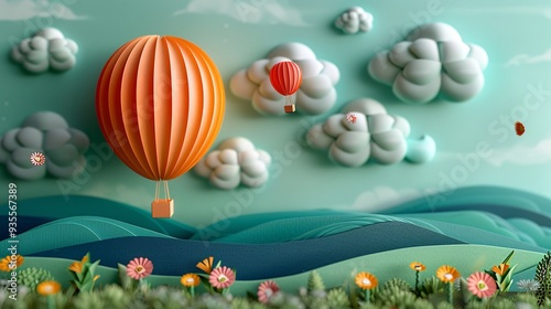 Origami Style Hot Air Balloon Soaring Over Colorful Scenic Landscape - Concept of Adventure and Creativity