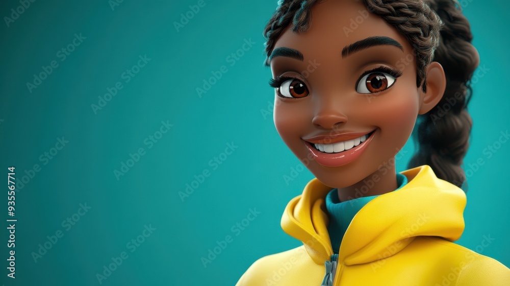 3D character close up portrait of a happy black woman in a yellow jacket, with a wide smile and bright eyes, on a teal to blue gradient background, copy space, cartoon style 3D character close up portrait of a happy black woman in a yellow jacket, with a wide smile and bright eyes, on a teal to blue gradient background, copy space, cartoon style