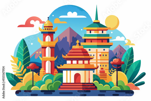 A colorful illustration of a cityscape with three traditional pagodas, surrounded by greenery and mountains.