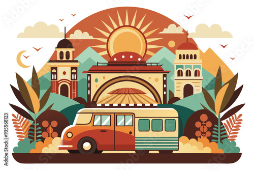 Retro Van Traveling Through a Scenic Landscape with Sun and Clouds