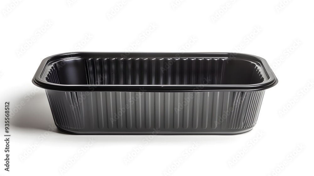 Black plastic rectangular container of Thai food isolated white background Black plastic rectangular container of Thai food isolated white background