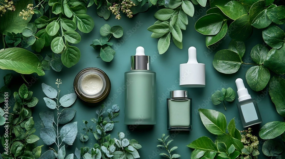 A stylish arrangement of skincare products alongside green plant leaves depicting a serene beauty routine : Generative AI A stylish arrangement of skincare products alongside green plant leaves depicting a serene beauty routine : Generative AI