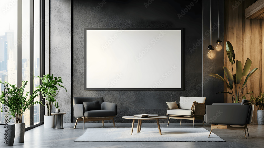 Well-lit creative workspace with blank whiteboard and stylish furniture, copy space Well-lit creative workspace with blank whiteboard and stylish furniture, copy space