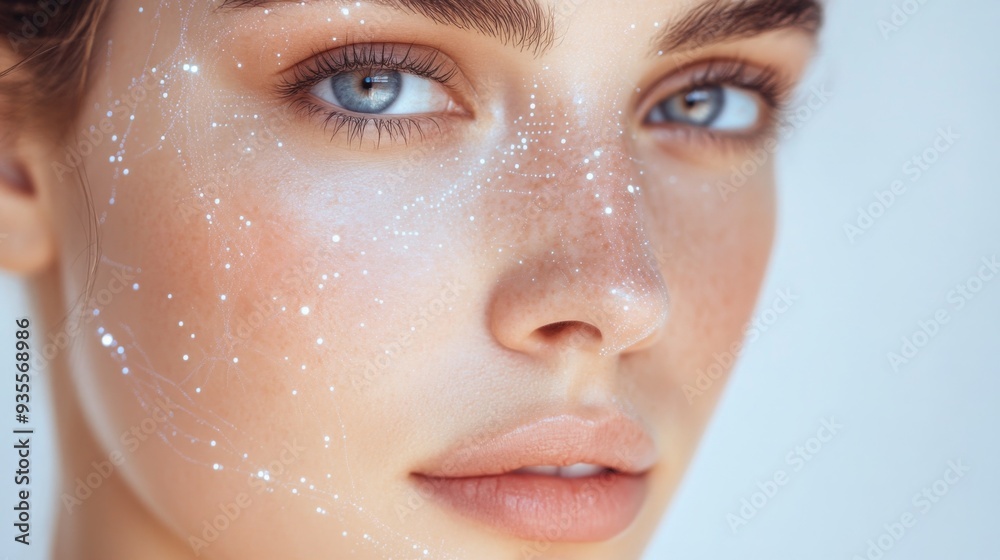 A young woman gazes directly at the camera, her face subtly illuminated with sparkling highlights that enhance her natural beauty.