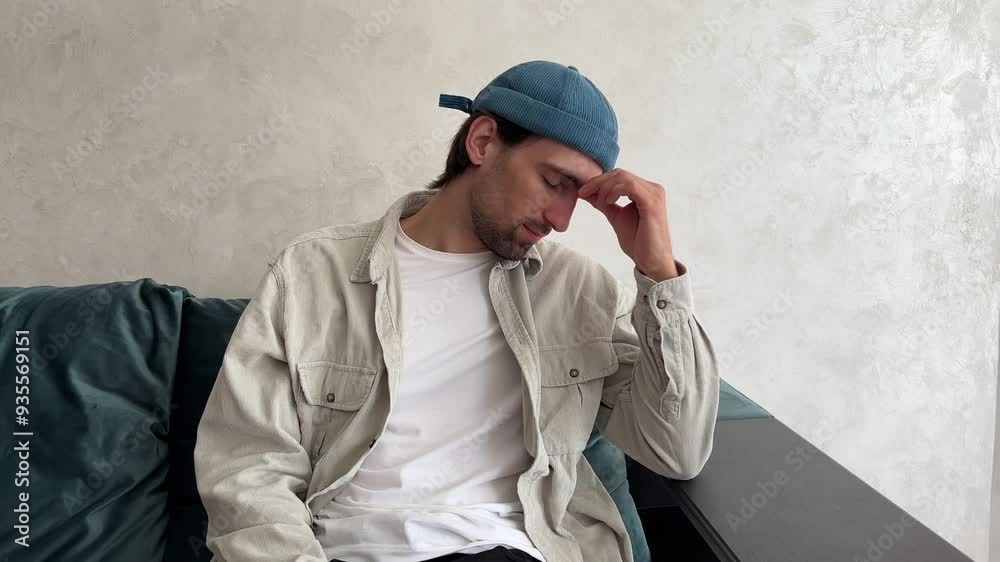 Young man is sitting on a sofa, experiencing discomfort and touching his head with a worried expression Young man is sitting on a sofa, experiencing discomfort and touching his head with a worried expression