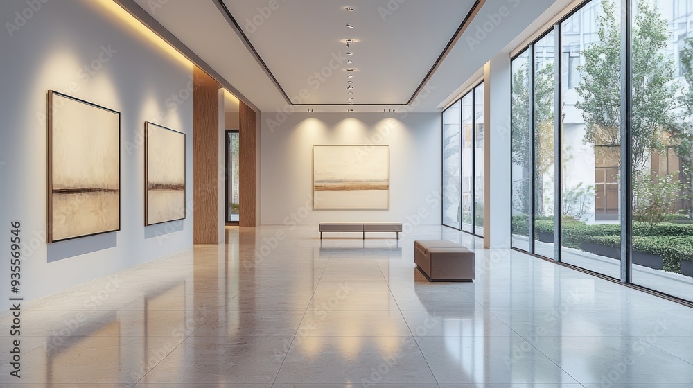 Fototapeta premium Tranquil Elegance: Minimalist Art Gallery's Serene Interior Design