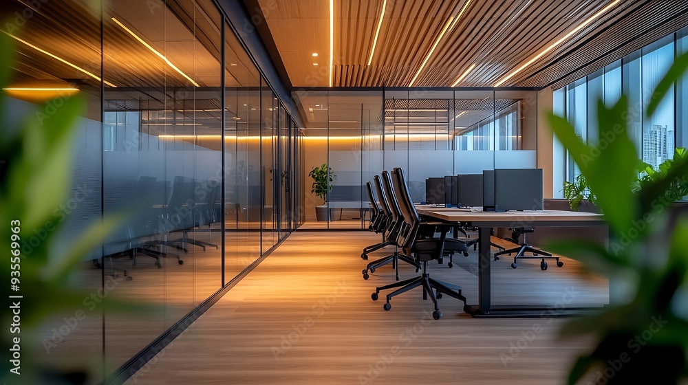 © The Little Hut - A modern office space featuring sleek design with horizontal lines on the ceiling glass partitions and a welllit conference area with dark chairs : Generative AI
