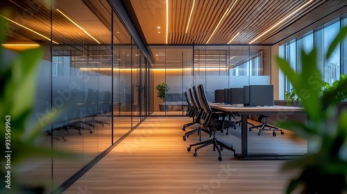 A modern office space featuring sleek design with horizontal lines on the ceiling glass partitions and a welllit conference area with dark chairs : Generative AI