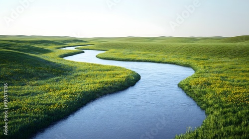 2. Detailed 3D depiction of a tranquil river winding through a vibrant meadow, rendered on a clean, isolated backdrop