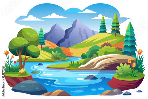 Serene Mountain Landscape with Winding River and Lush Vegetation