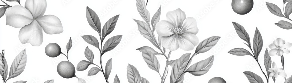 Fototapeta premium Botanical Pencil Sketch Flowers, Leaves, and Fruit, pencil drawing, monochrome, floral, botanical art