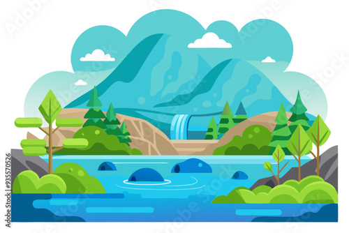 Mountain Landscape with Waterfall and River