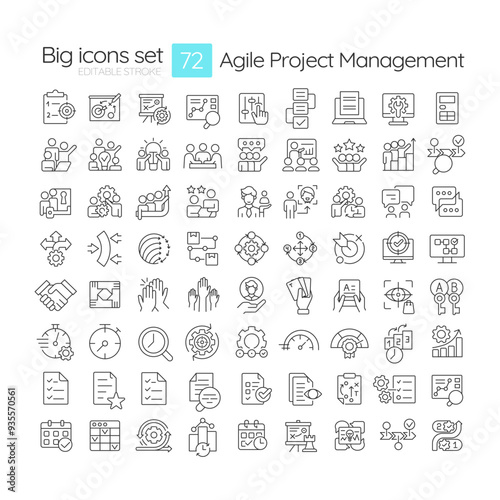 Agile project management linear icons set. User feedback, roadmap business. Workflow organization. Customizable thin line symbols. Isolated vector outline illustrations. Editable stroke photo