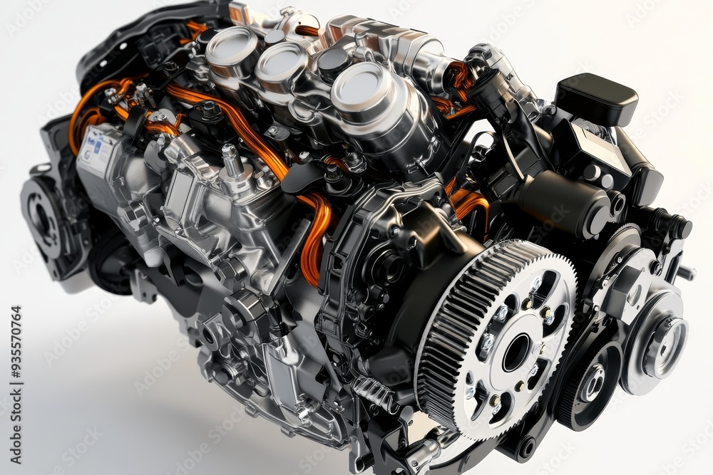 Detailed 3d rendering of car engine parts on white background with studio lighting Detailed 3d rendering of car engine parts on white background with studio lighting