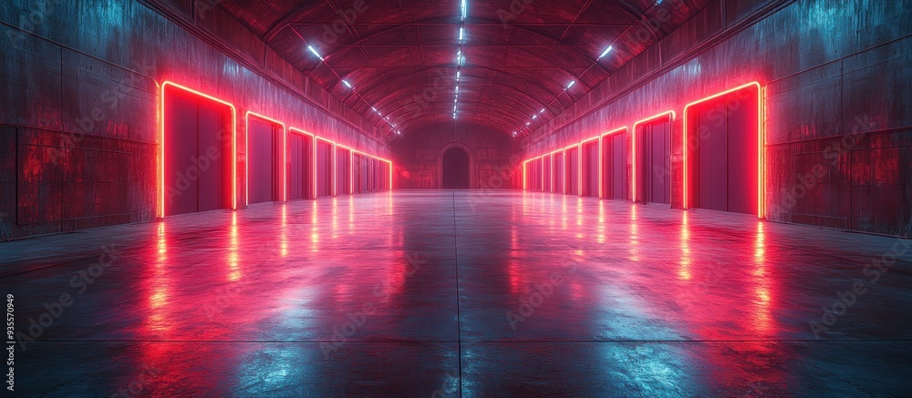 Fototapeta premium Neon Corridor in a Grungy Warehouse