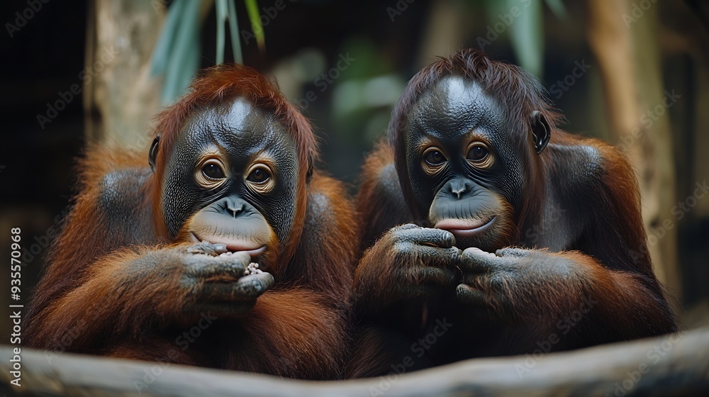 Fototapeta premium Orangutans posting thinking actingAnd sit for the photographer to take a picture : Generative AI