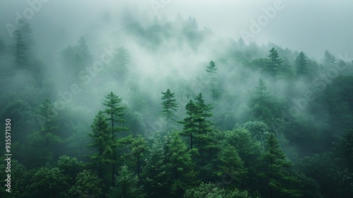 Enigmatic Forest: Mysterious Atmosphere of Trees Lost in Dense Fog